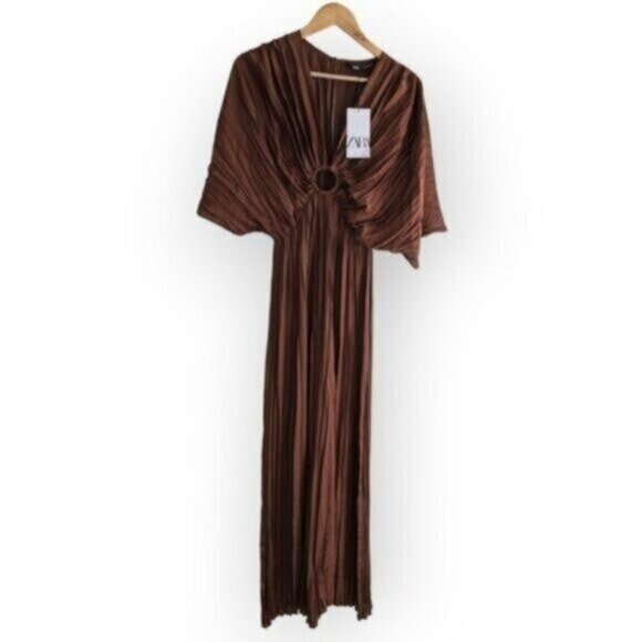 Zara Brown Wrinkled Satin Effect Jumpsuit Size XS Women - Picture 7 of 8